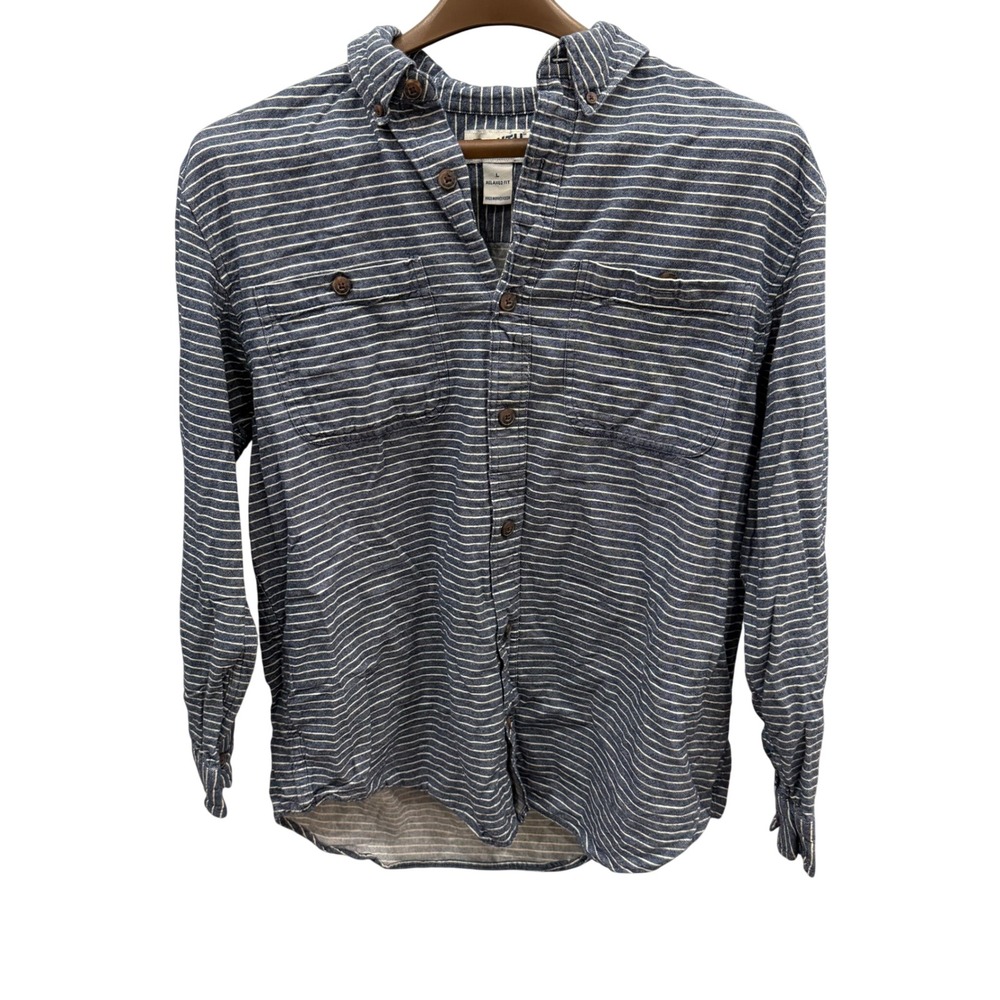 Duluth Trading Co Mens Relaxed Fit Striped Long Sleeve Button Down Shirt Blue L